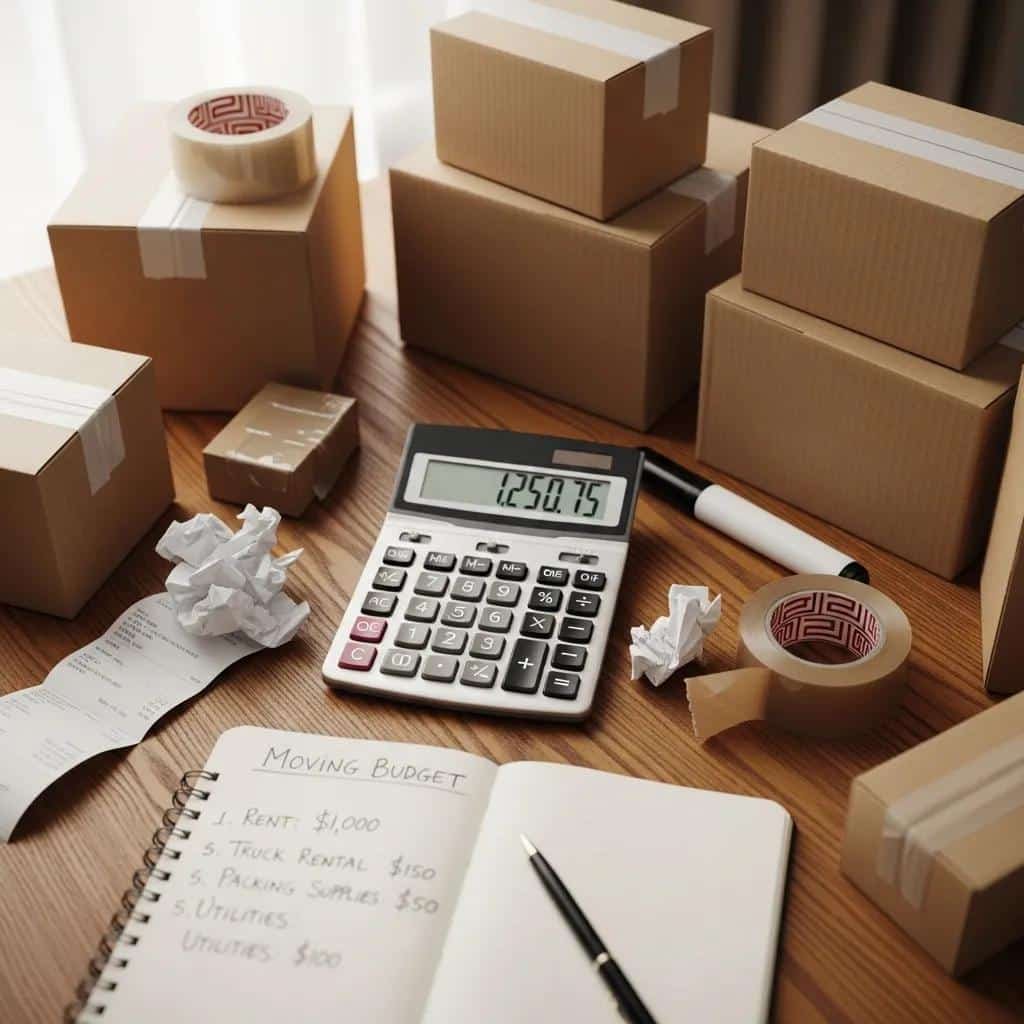 Calculator and moving supplies on a table, representing budgeting for moving services in Natick, MA