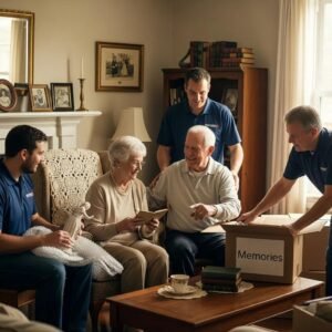 Compassionate senior moving services assisting an elderly couple in a cozy living room