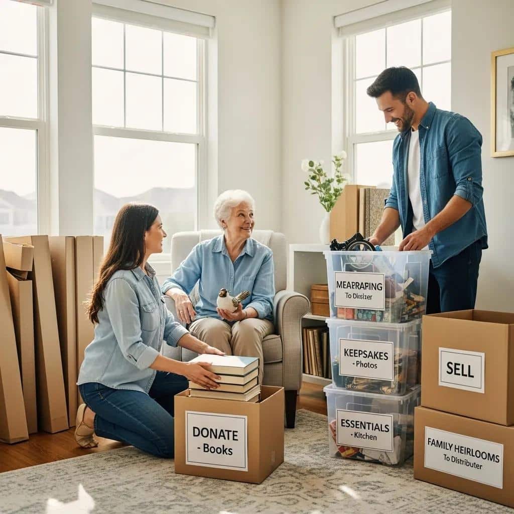 Family collaborating on effective downsizing strategies for seniors in an organized space