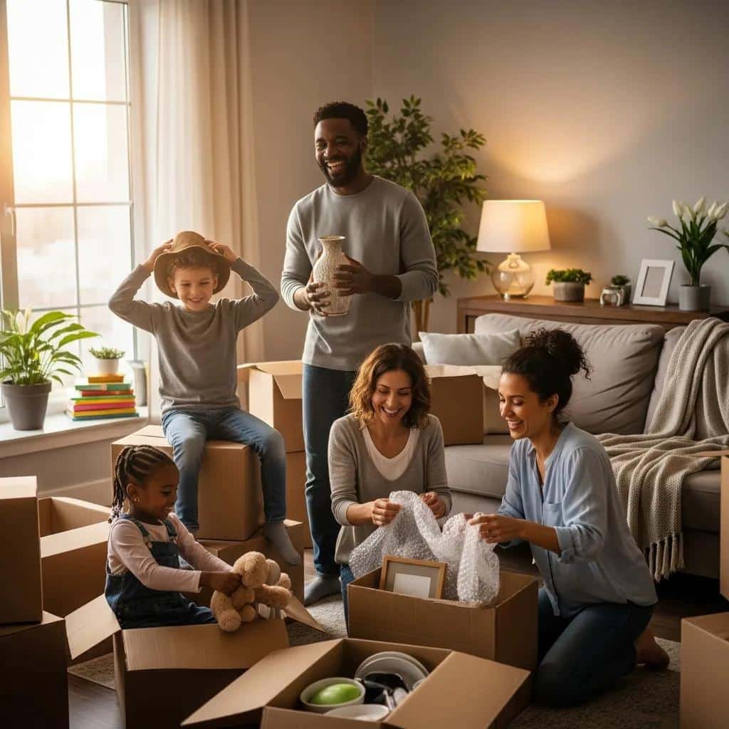 Happy family unpacking in their new home, illustrating positive customer feedback about moving services
