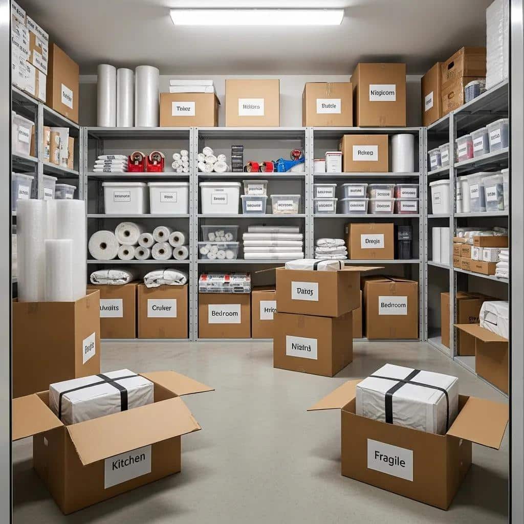 Organized storage unit with packed boxes and packing materials, illustrating packing and storage solutions