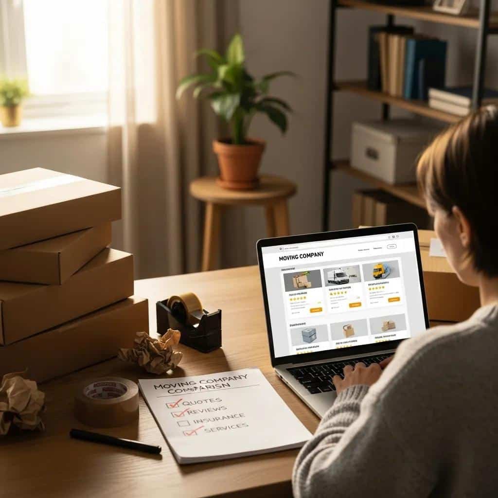 Person reviewing moving company options with a checklist and moving supplies in a home office