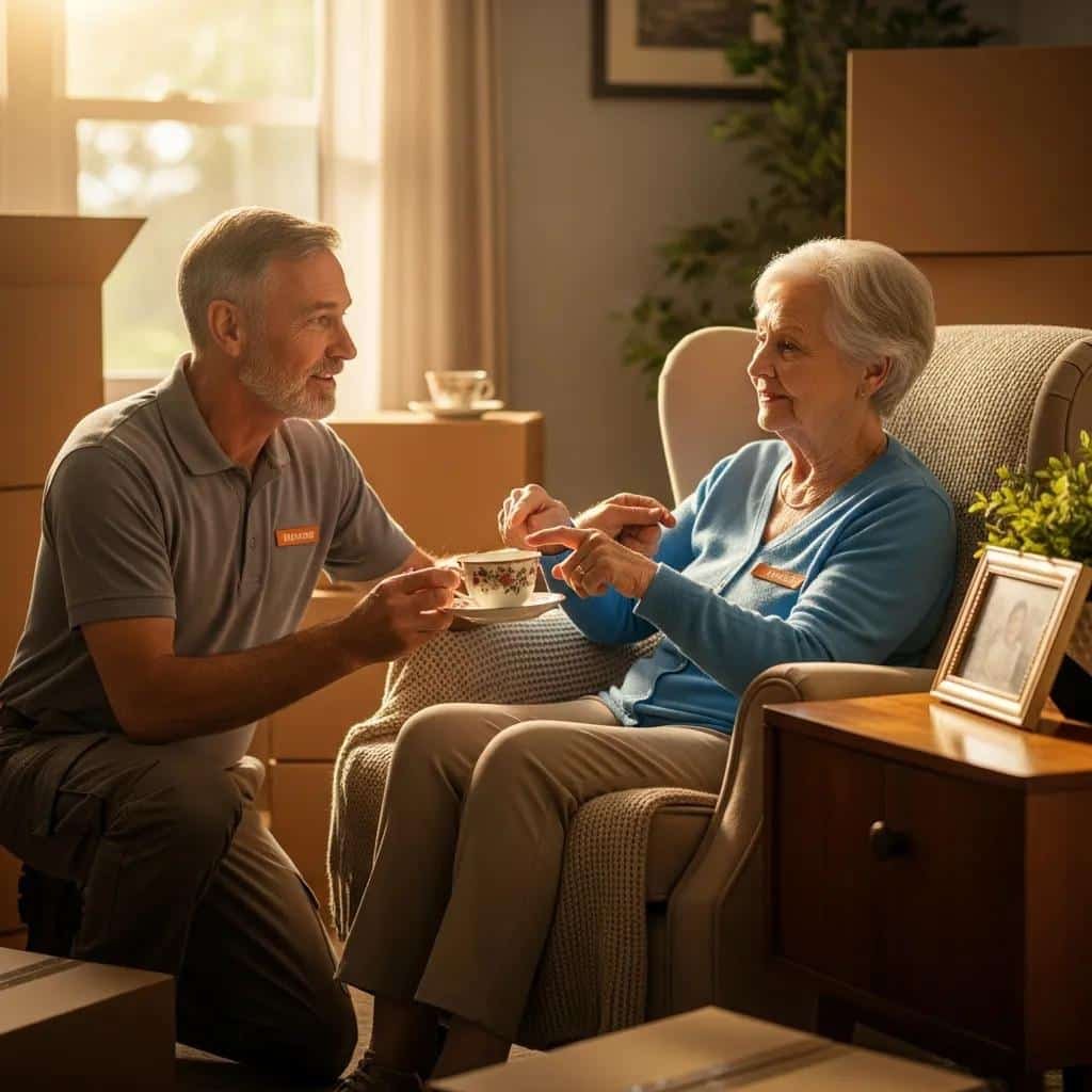 Senior mover providing emotional support to an elderly client during a move